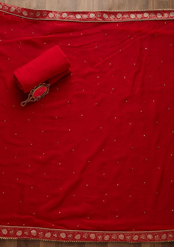 Red Zariwork Raw Silk Unstitched Salwar Suit-Koskii