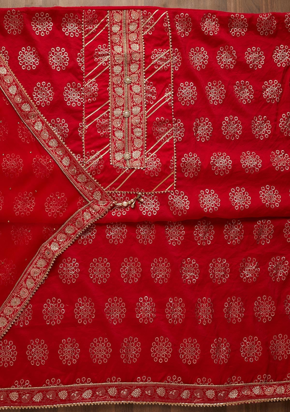 Red Zariwork Raw Silk Unstitched Salwar Suit-Koskii