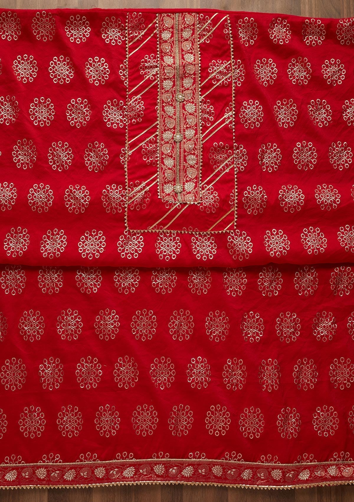 Red Zariwork Raw Silk Unstitched Salwar Suit-Koskii