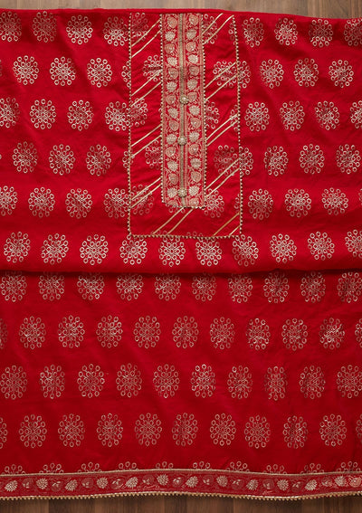 Red Zariwork Raw Silk Unstitched Salwar Suit-Koskii