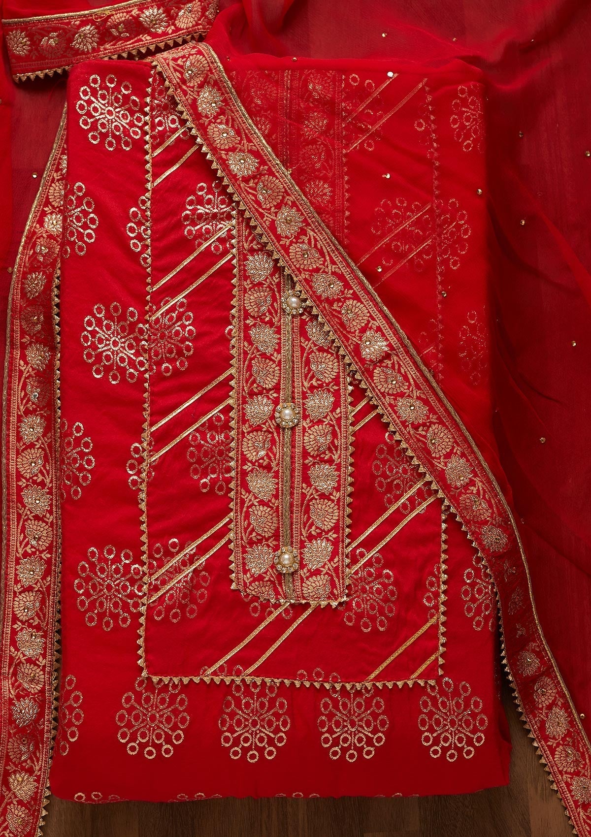 Red Zariwork Raw Silk Unstitched Salwar Suit-Koskii