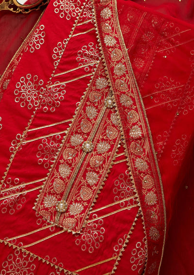 Red Zariwork Raw Silk Unstitched Salwar Suit-Koskii