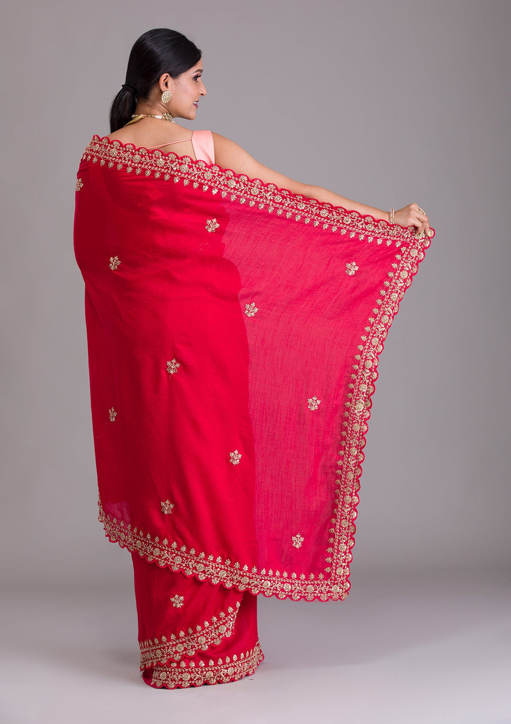 Red Zariwork Raw Silk Saree-Koskii