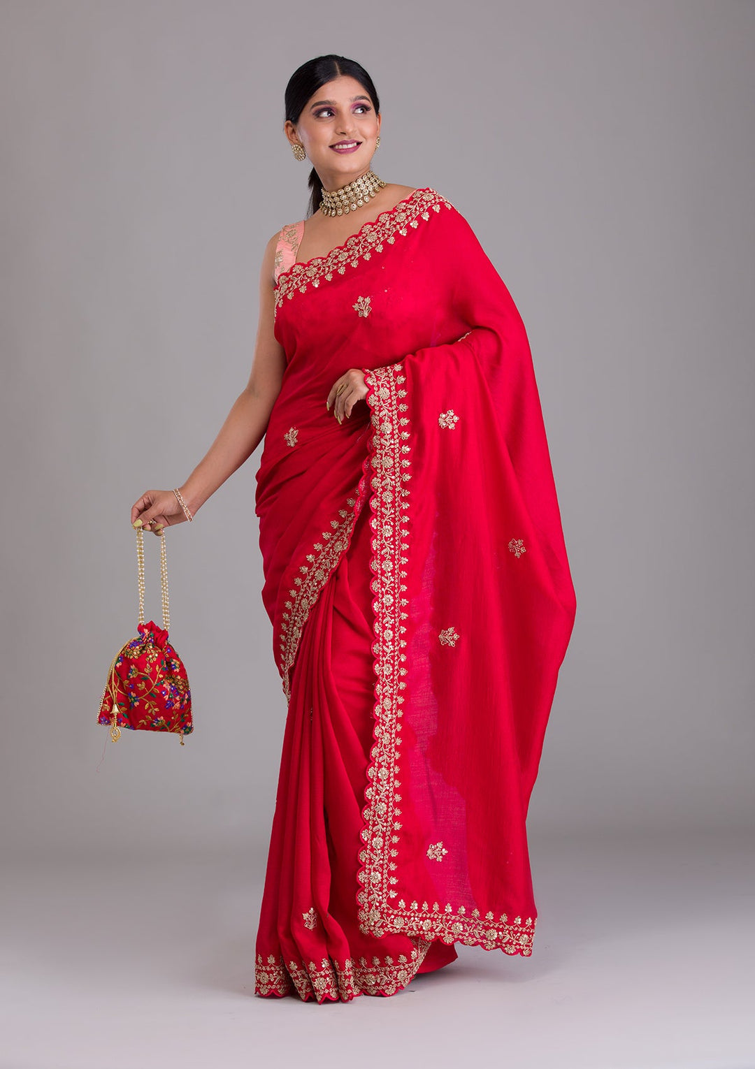 Red Zariwork Raw Silk Saree-Koskii