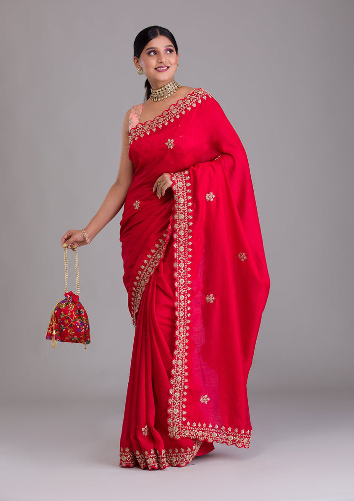 Red Zariwork Raw Silk Saree-Koskii
