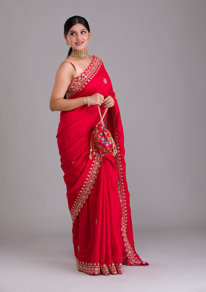 Red Zariwork Raw Silk Saree-Koskii