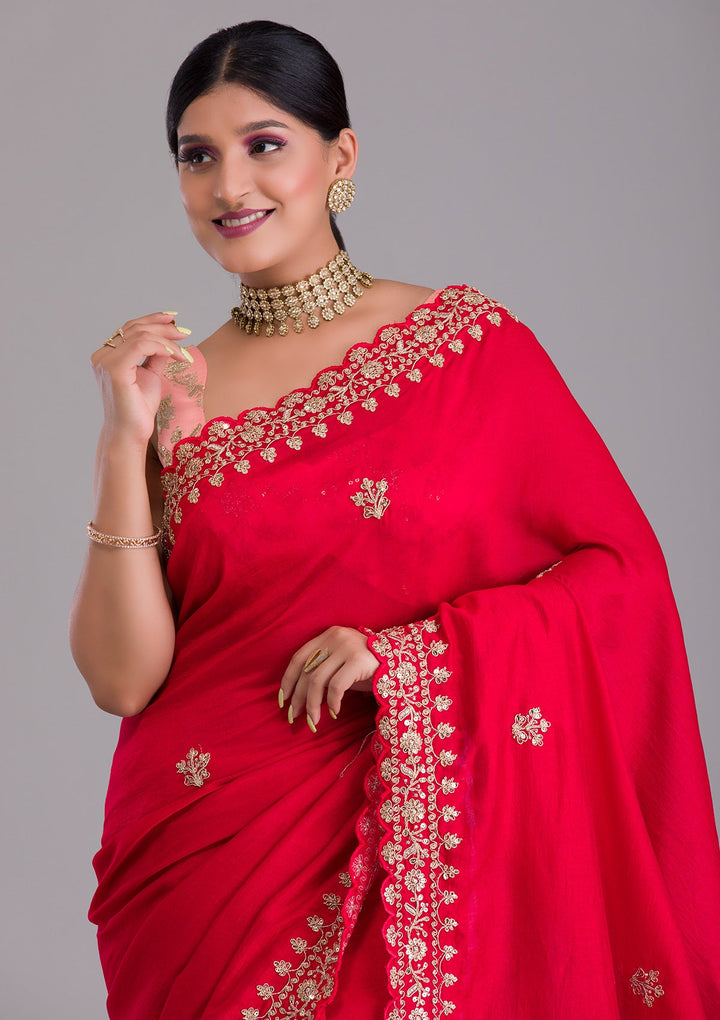 Red Zariwork Raw Silk Saree-Koskii