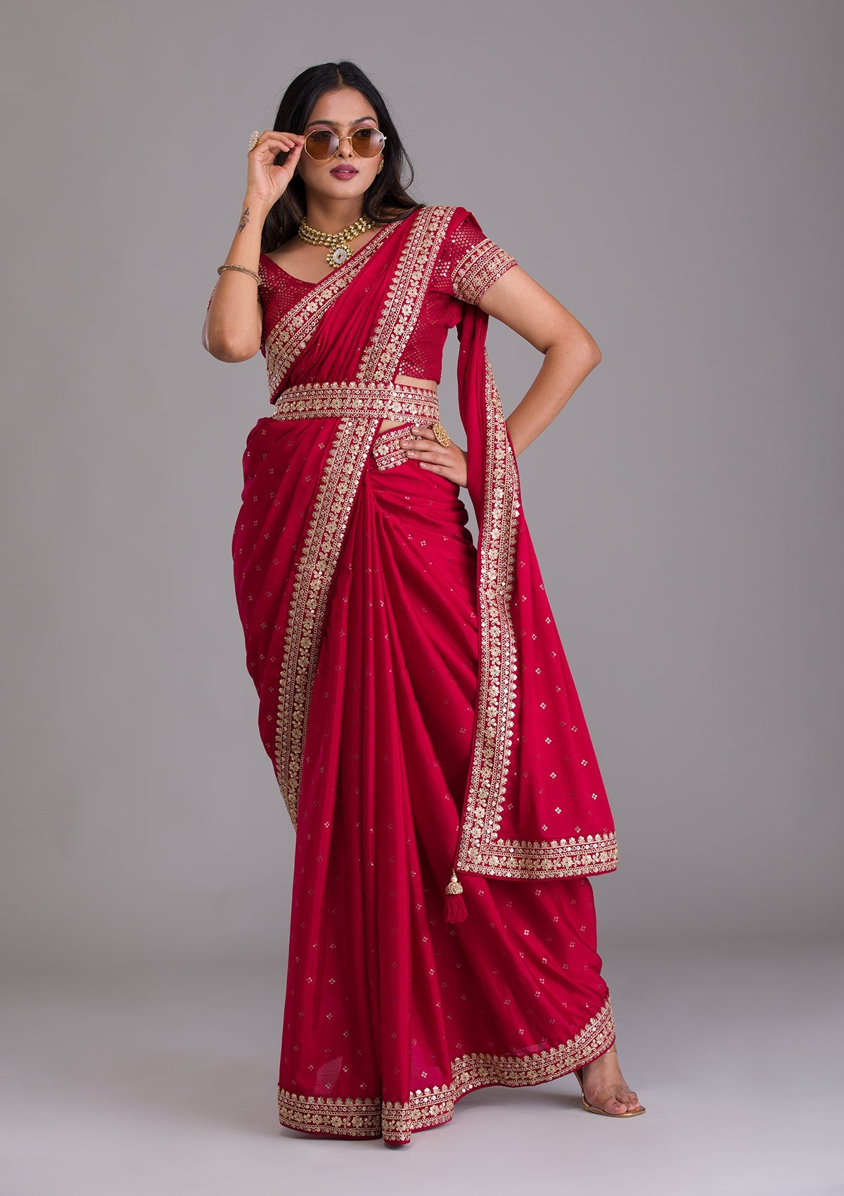 Buy Red Zariwork Chiffon Designer Saree - Koskii