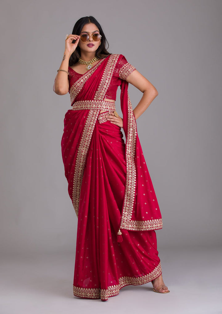 Red Zariwork Raw Silk Saree-Koskii