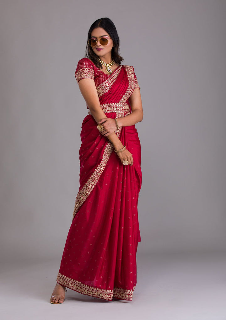 Red Zariwork Raw Silk Saree-Koskii