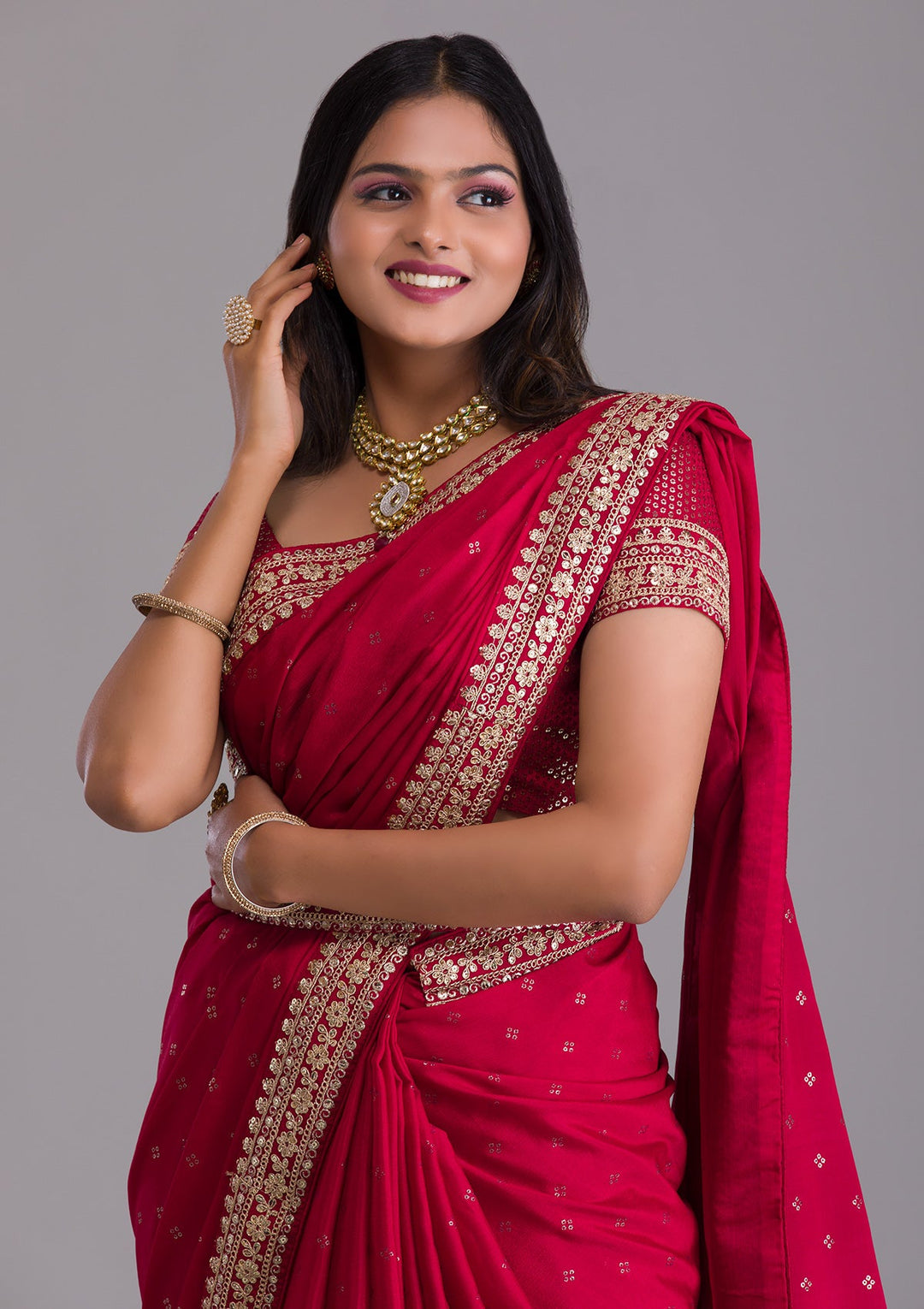 Red Zariwork Raw Silk Saree-Koskii