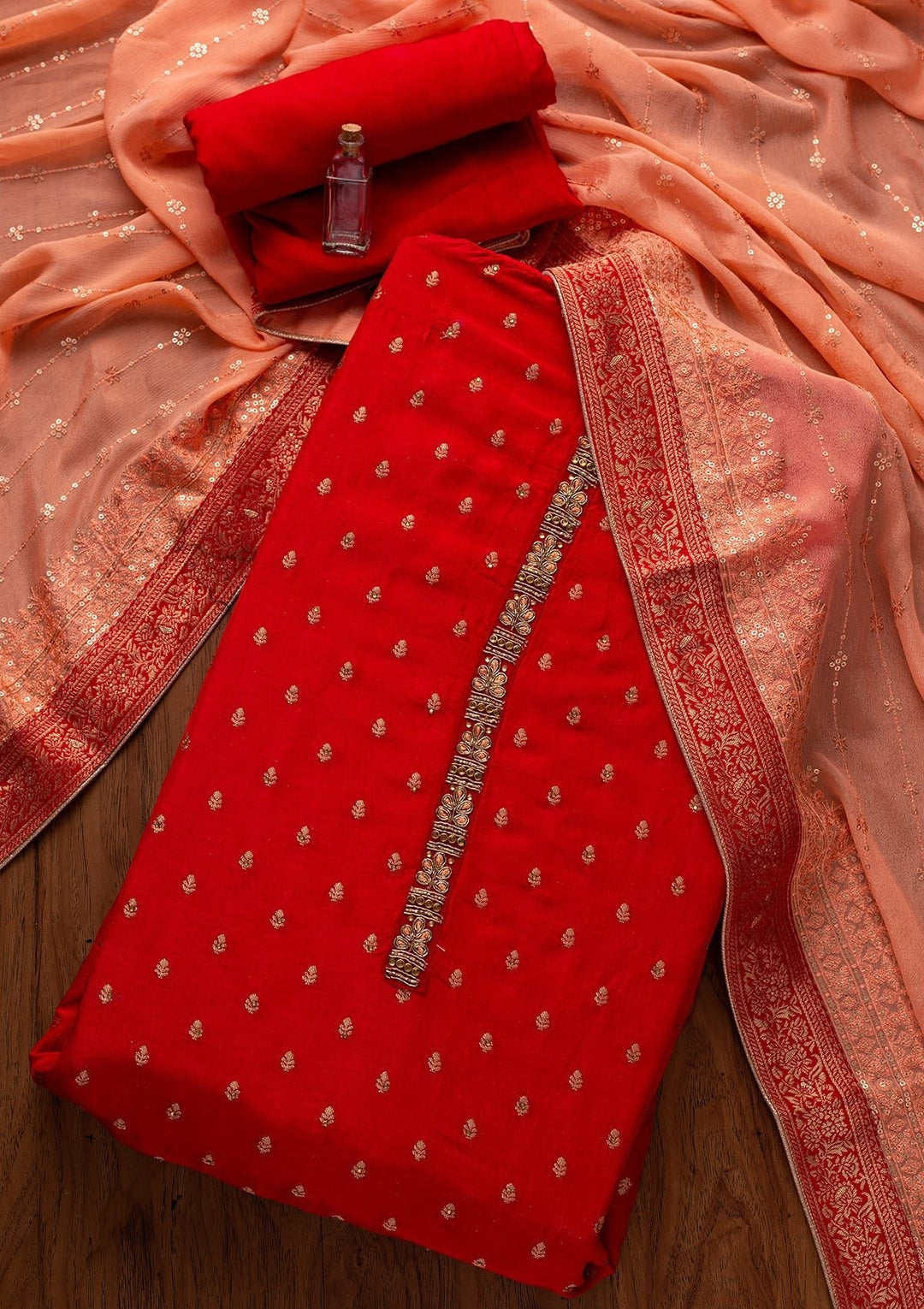 Red Zariwork Semi Crepe Designer Unstitched Salwar Suit - koskii