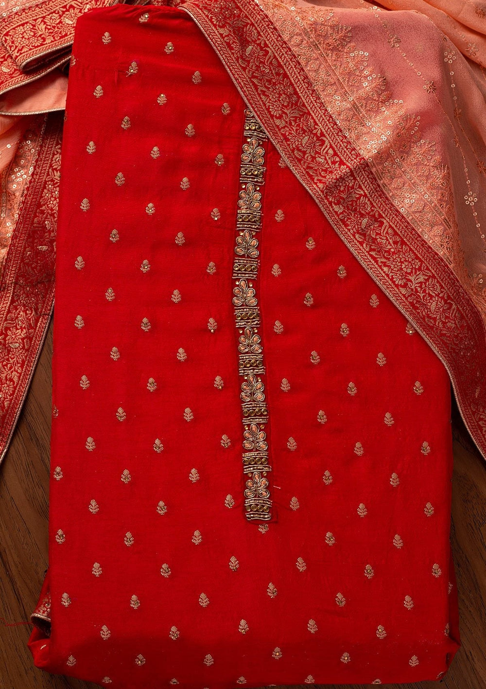 Red Zariwork Semi Crepe Designer Unstitched Salwar Suit - koskii