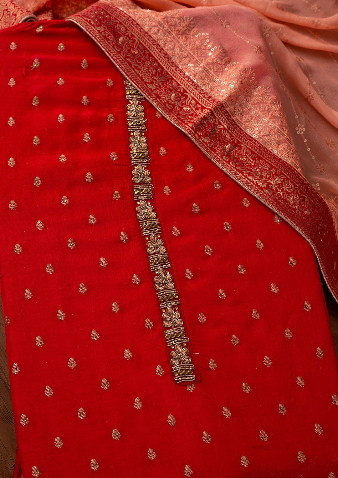 Red Zariwork Semi Crepe Designer Unstitched Salwar Suit - koskii