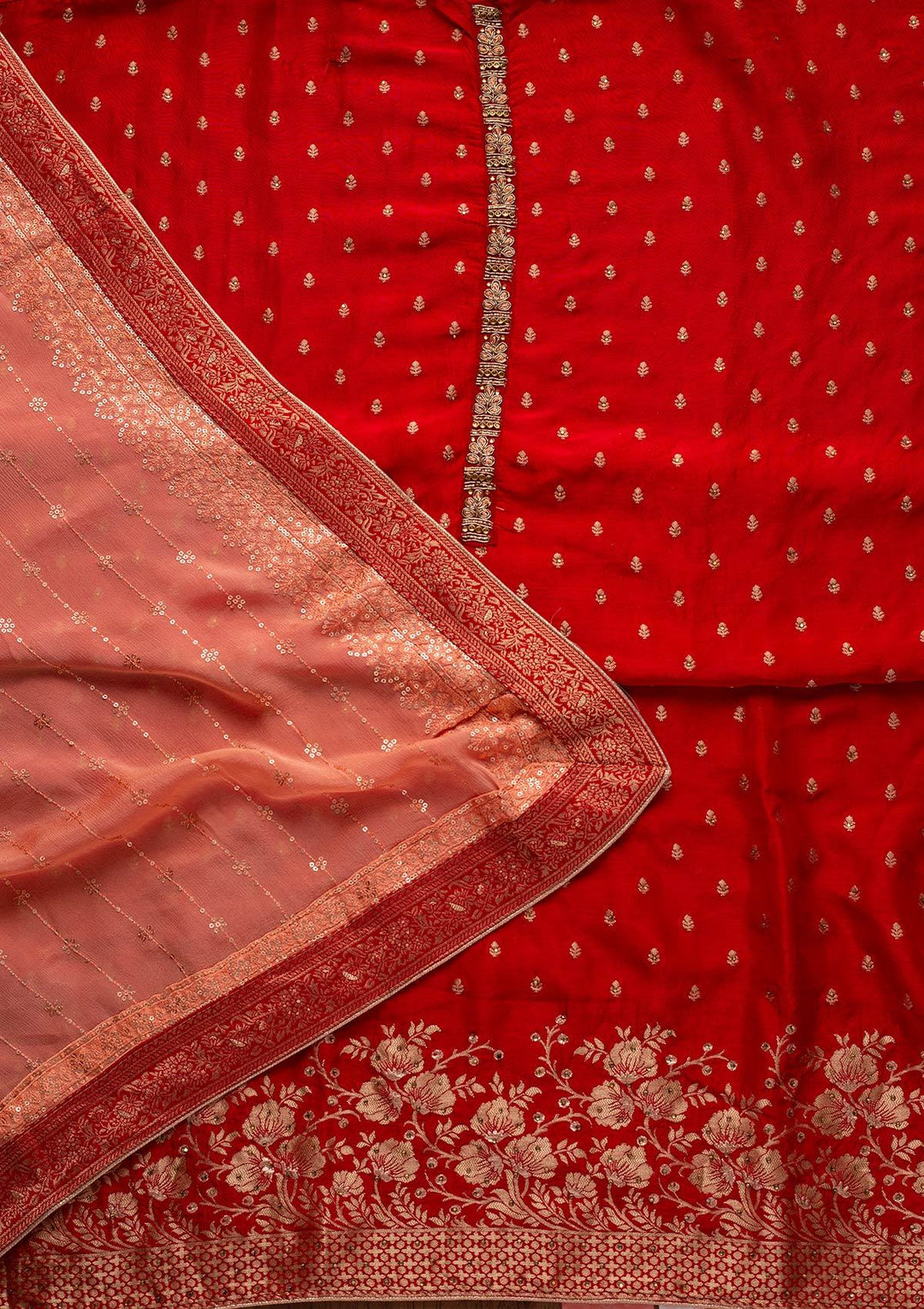 Red Zariwork Semi Crepe Designer Unstitched Salwar Suit - koskii