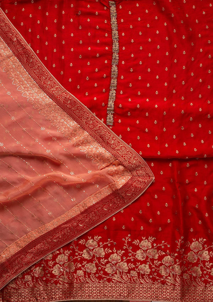 Red Zariwork Semi Crepe Designer Unstitched Salwar Suit - koskii