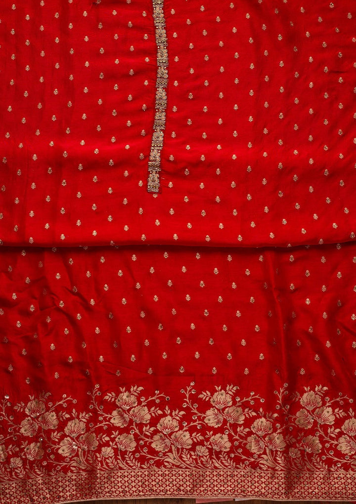Red Zariwork Semi Crepe Designer Unstitched Salwar Suit - koskii
