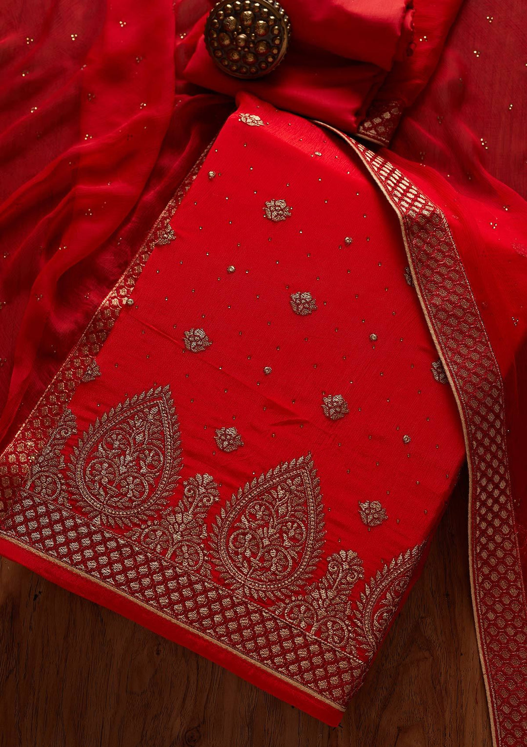 Red Zariwork Semi Crepe Designer Unstitched Salwar Suit - koskii