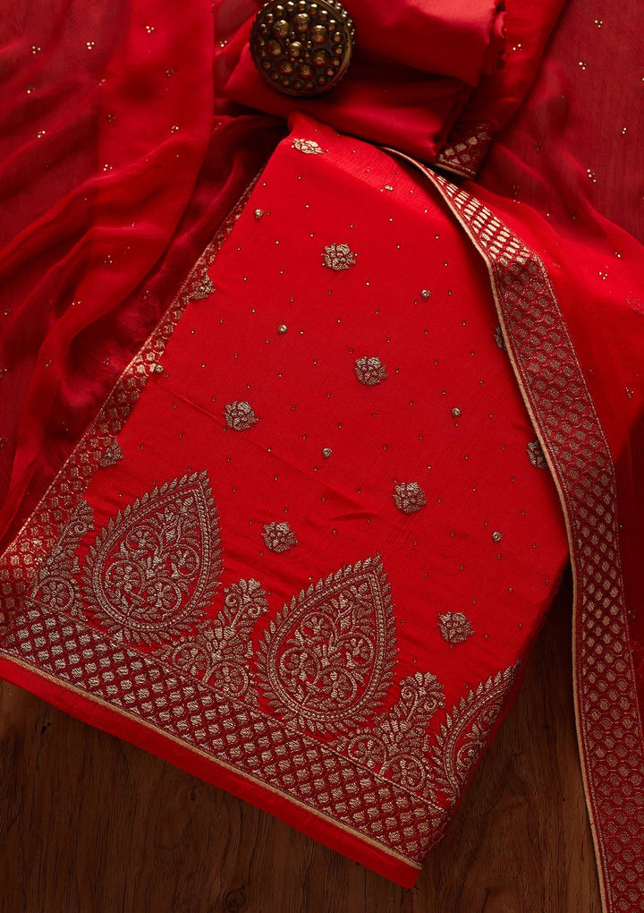 Red Zariwork Semi Crepe Designer Unstitched Salwar Suit - koskii