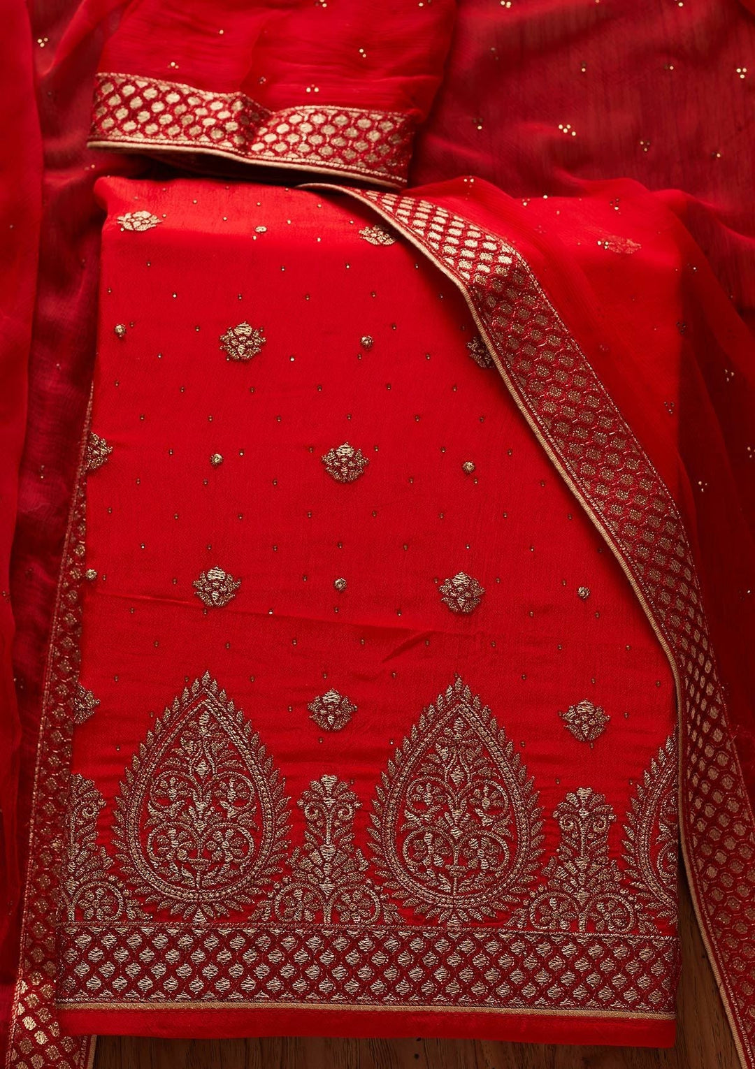 Red Zariwork Semi Crepe Designer Unstitched Salwar Suit - koskii