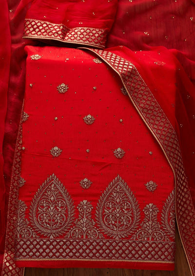Red Zariwork Semi Crepe Designer Unstitched Salwar Suit - koskii