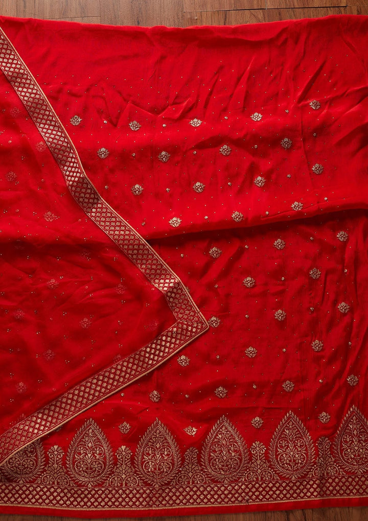 Red Zariwork Semi Crepe Designer Unstitched Salwar Suit - koskii