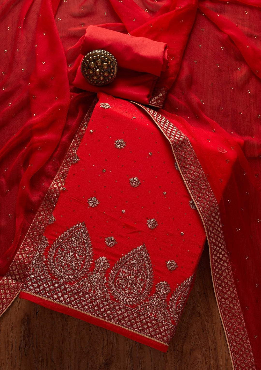 Red Zariwork Semi Crepe Designer Unstitched Salwar Suit - koskii