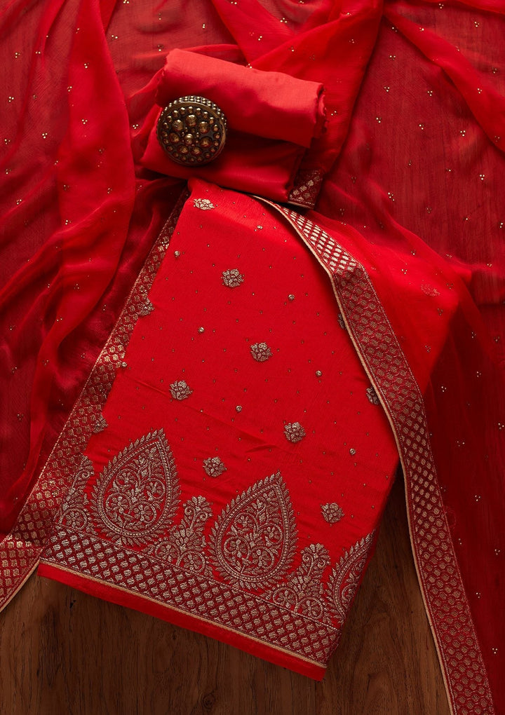 Red Zariwork Semi Crepe Designer Unstitched Salwar Suit - koskii