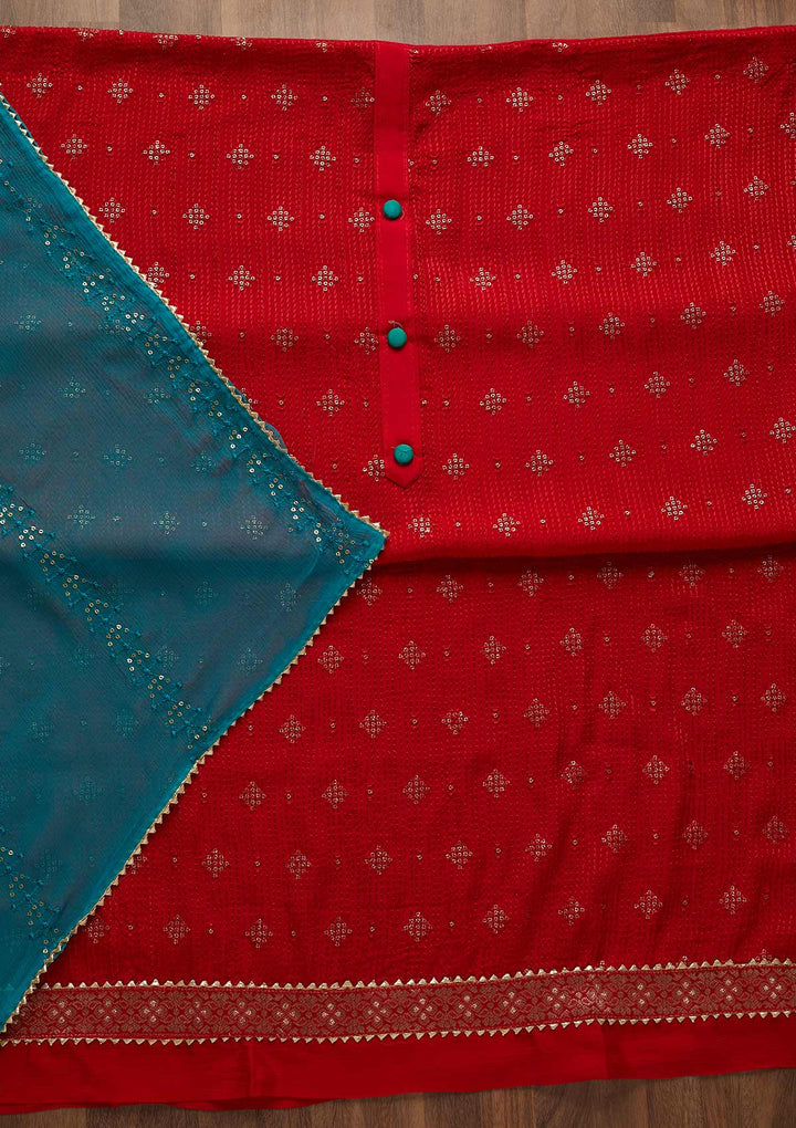 Red Zariwork Semi Crepe Unstitched Salwar Suit-Koskii
