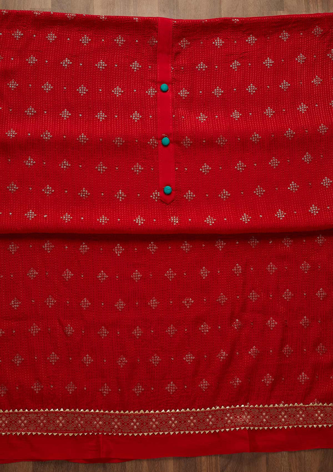 Red Zariwork Semi Crepe Unstitched Salwar Suit-Koskii