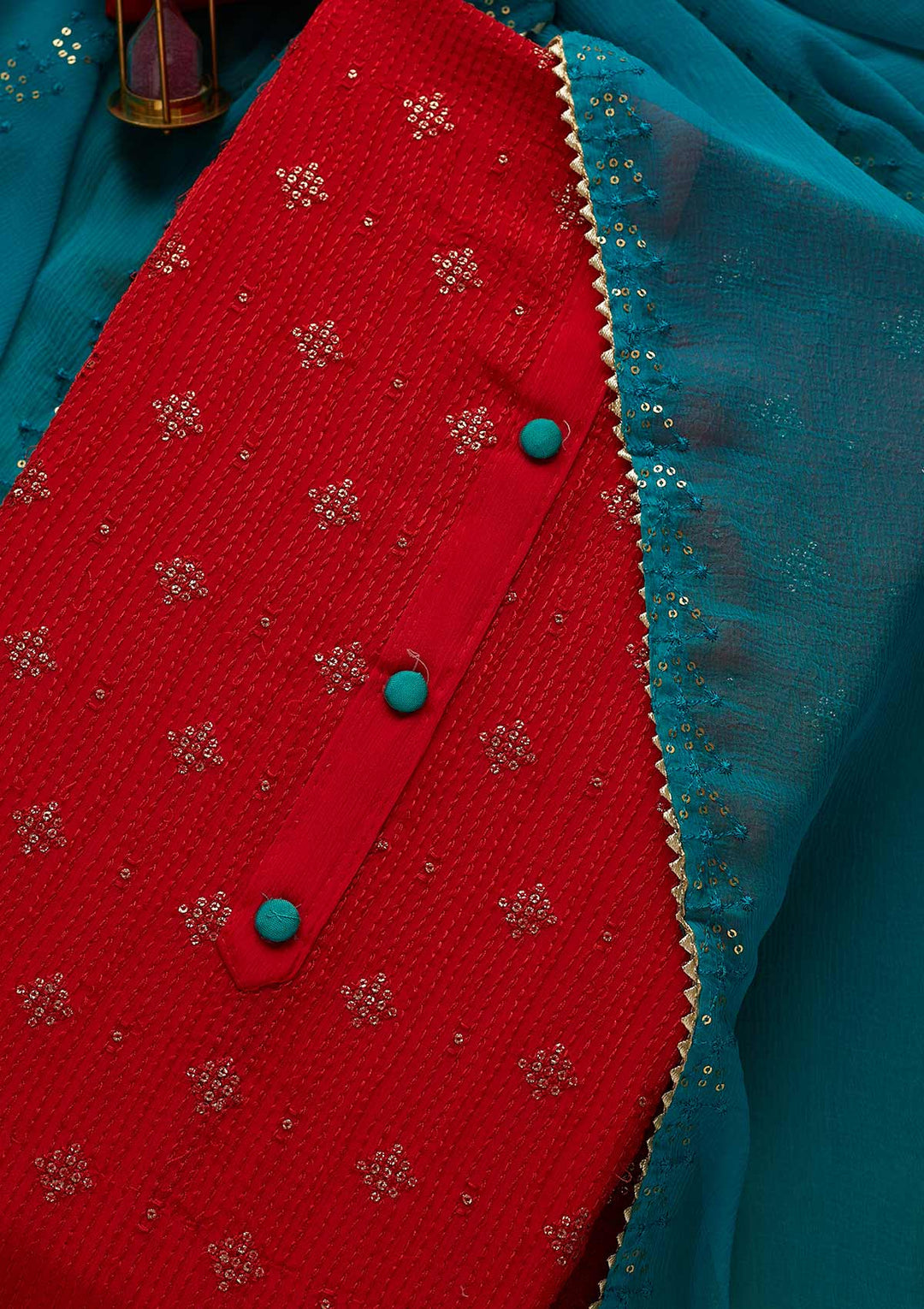 Red Zariwork Semi Crepe Unstitched Salwar Suit-Koskii