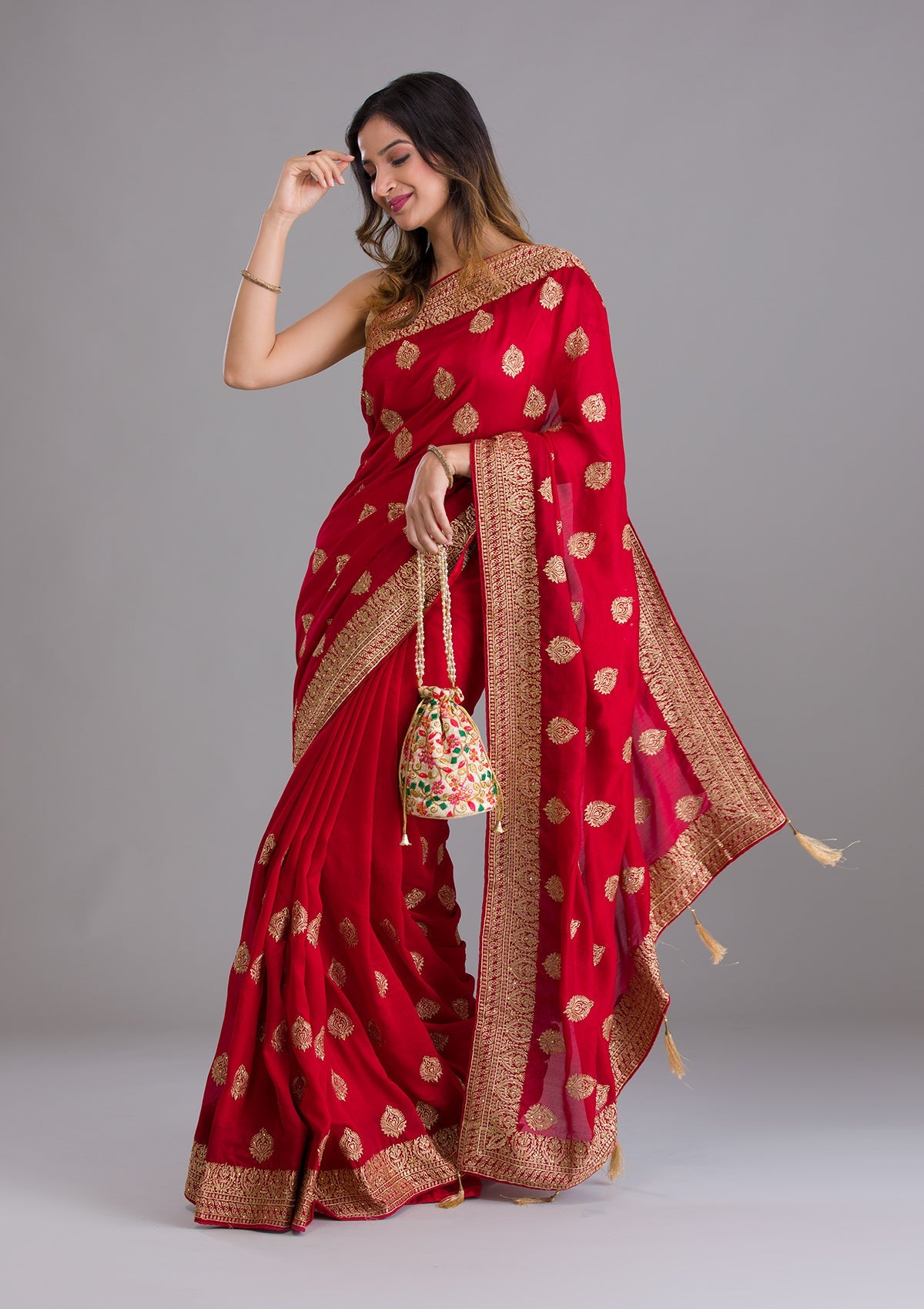 Red Zariwork Semi Crepe Saree-Koskii