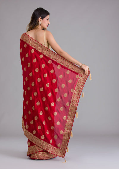 Red Zariwork Semi Crepe Saree-Koskii