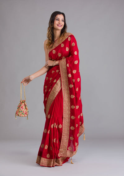 Red Zariwork Semi Crepe Saree-Koskii