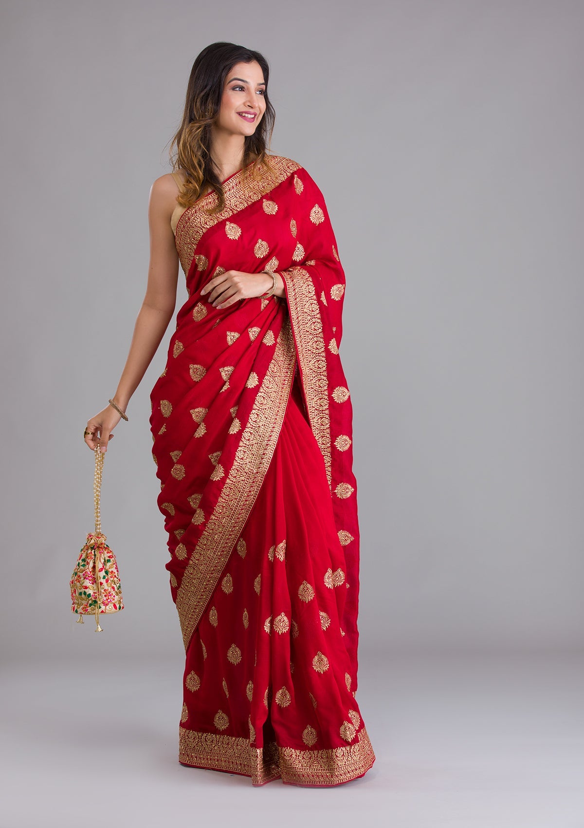 Red Zariwork Semi Crepe Saree-Koskii