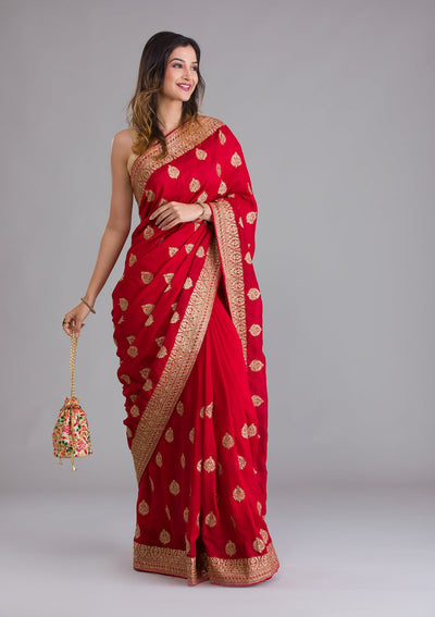 Red Zariwork Semi Crepe Saree-Koskii