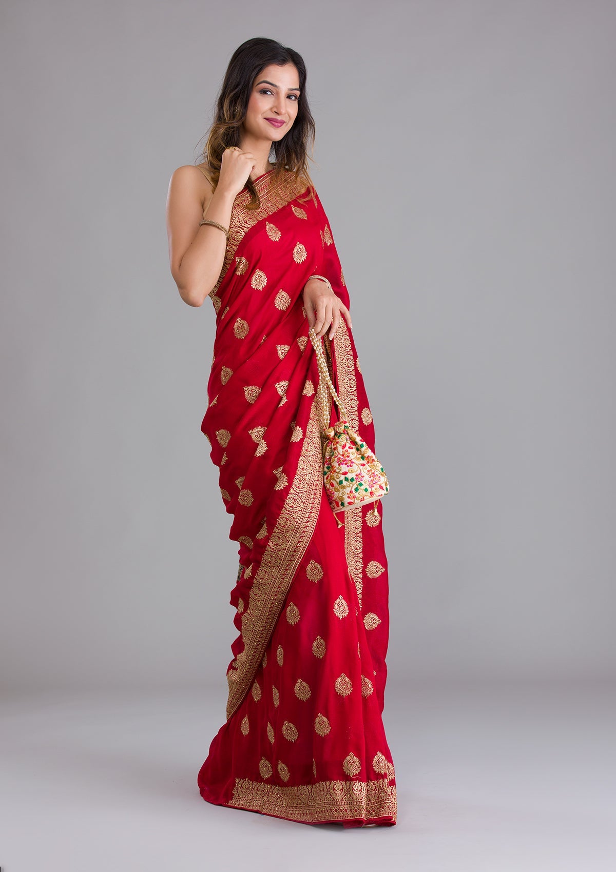 Red Zariwork Semi Crepe Saree-Koskii