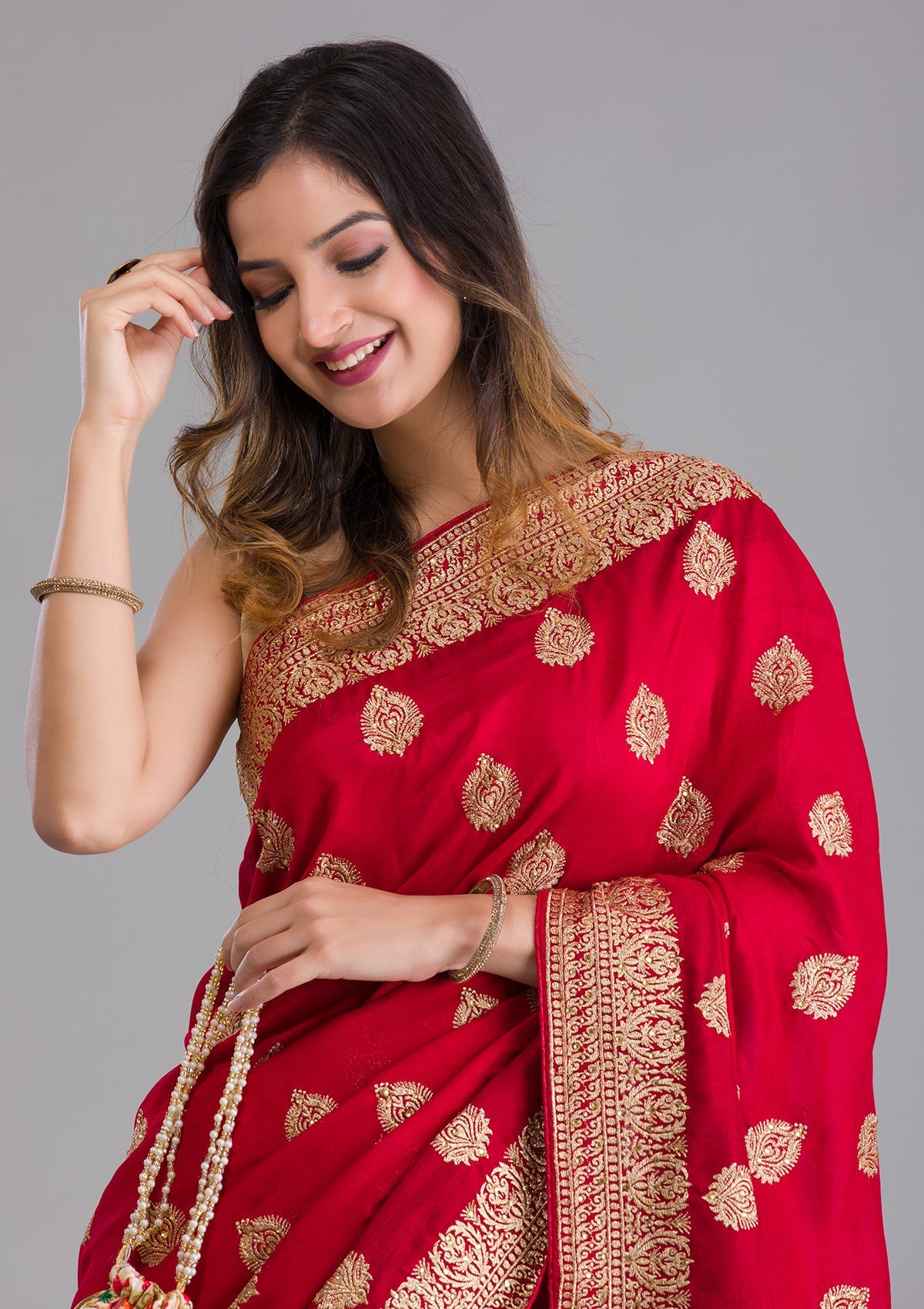 Red Zariwork Semi Crepe Saree-Koskii