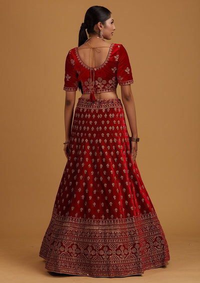 Red Zariwork Velvet Designer Semi-Stitched Lehenga - Koskii