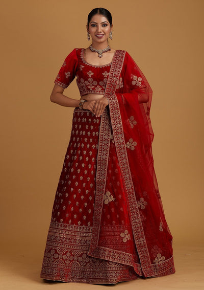 Red Zariwork Velvet Designer Semi-Stitched Lehenga - Koskii