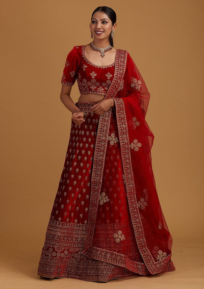 Red Zariwork Velvet Designer Semi-Stitched Lehenga - Koskii