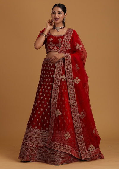 Red Zariwork Velvet Designer Semi-Stitched Lehenga - Koskii