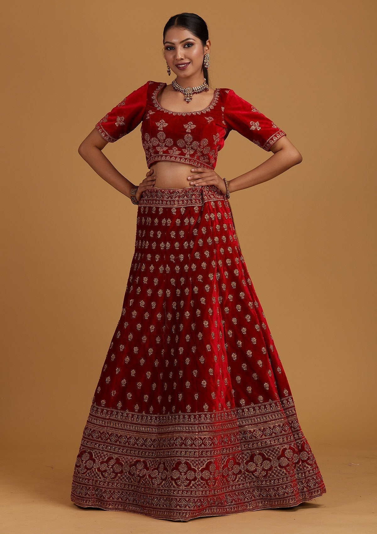 Red Zariwork Velvet Designer Semi-Stitched Lehenga - Koskii