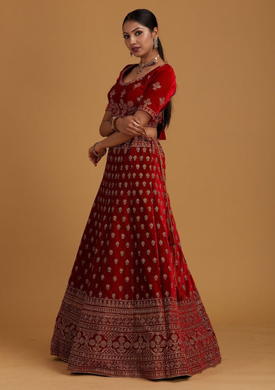 Red Zariwork Velvet Designer Semi-Stitched Lehenga - Koskii