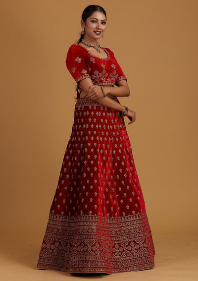 Red Zariwork Velvet Designer Semi-Stitched Lehenga - Koskii