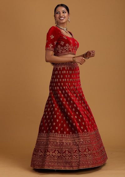 Red Zariwork Velvet Designer Semi-Stitched Lehenga - Koskii