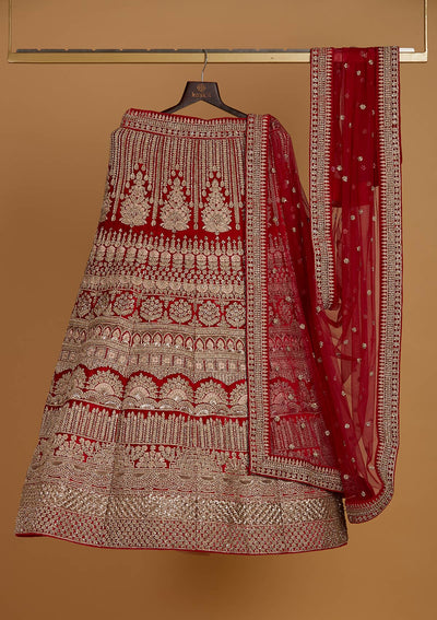 Red Zariwork Velvet Designer Semi-Stitched Lehenga - Koskii