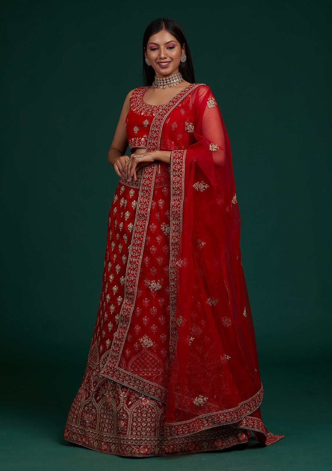 Red Zariwork Velvet Designer Lehenga-Koskii