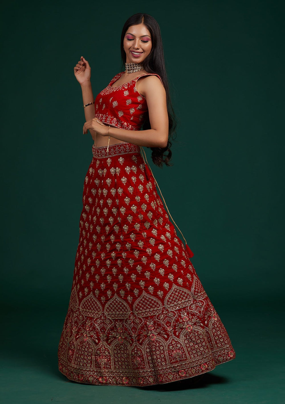 Red Zariwork Velvet Designer Lehenga-Koskii