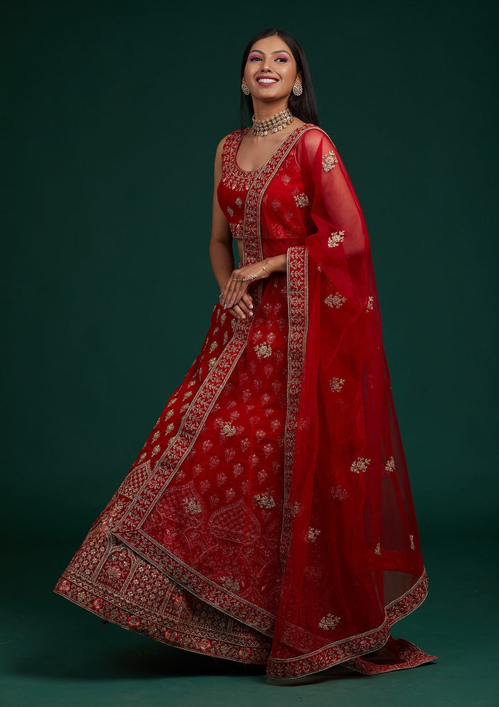 Red Zariwork Velvet Designer Lehenga-Koskii